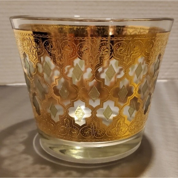 Vintage Culver Valencia 22K Gold Glass Ice Bucket with Green Diamonds MCM - Picture 1 of 11